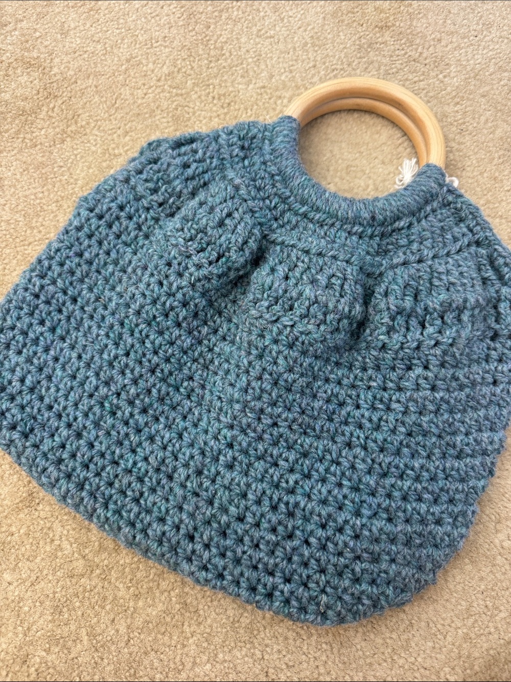Handmade Teal Crochet Tote with Wooden Ring Handles